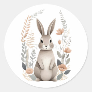 Sticker Rond Petit lapin de lapin mignon Boho avec fleurs