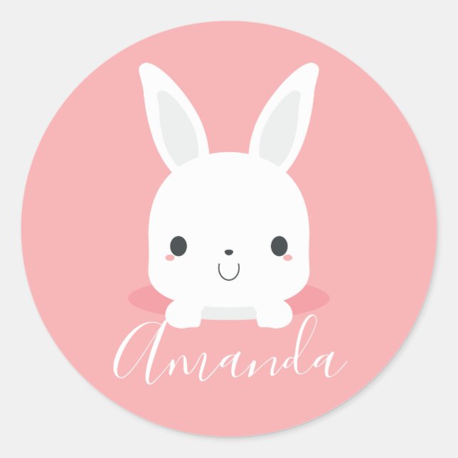Sticker Rond Petit lapin rosé mignon lapin avec nom personnalis (Devant)