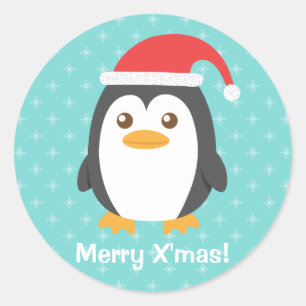Sticker Rond Petit Manchot Mignon avec Chapeau de Père Noël pou