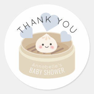 Sticker Rond Petit Merci en Baby shower bleu Dumpling