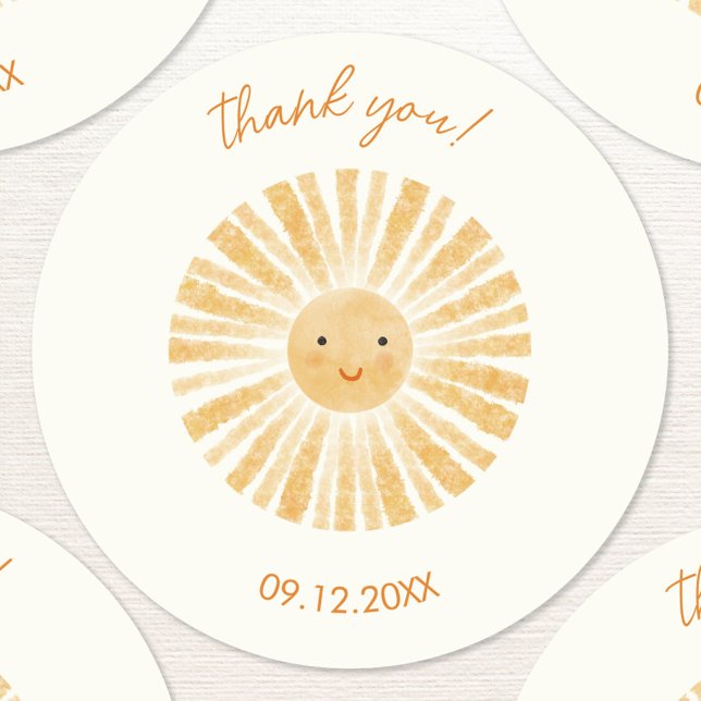 Sticker Rond Petit Merci solaire (Little ray of sunshine custom text thank you stickers with date)