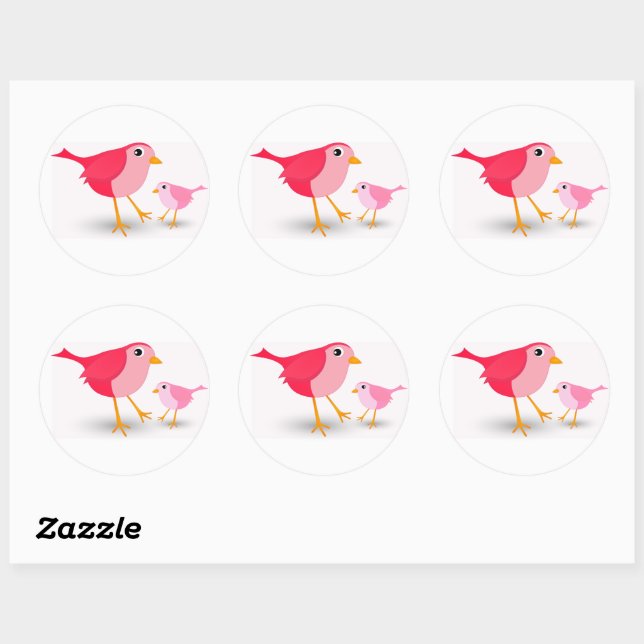 Sticker Rond Petit Oiseau-Mère rose et son chicot Stick rond (Feuille)