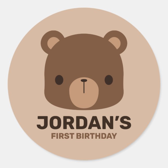 Sticker Rond Petit ours Brown mignon avec nom personnalisé (Devant)