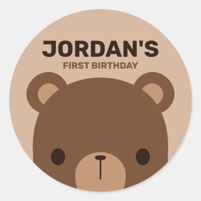 Sticker Rond Petit ours Brown mignon avec nom personnalisé (Devant)