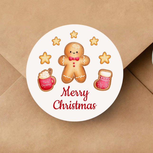 Sticker Rond Petit pain d'épices homme Joyeux Noël (Cute Gingerbread Man Merry Christmas Classic Round Sticker)