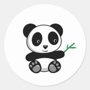 Sticker Rond Petit Panda mignonne avec bâton en bambou