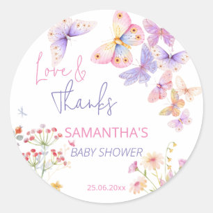 Sticker Rond Petit papillon fleur sauvage baby shower merci