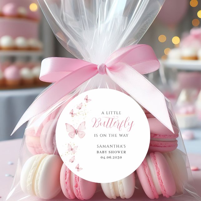 Sticker Rond Petit papillon rose fille Baby shower d'aquarelle (Créateur téléchargé)