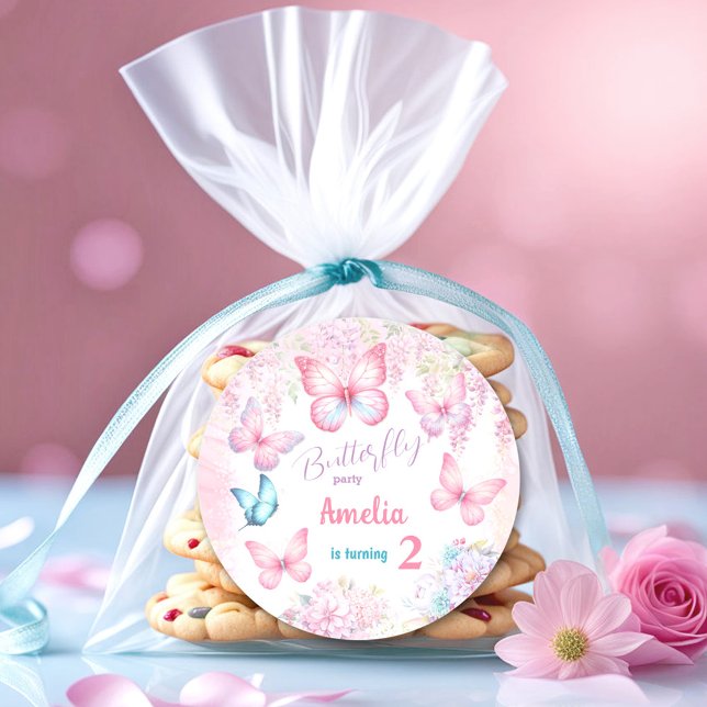 Sticker Rond Petit Papillon rose florale Fille d'été Anniversai (Little Butterfly Pink Floral Summer Girl Birthday Classic Round Sticker)