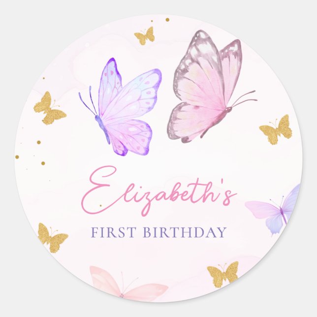 Sticker Rond Petit Papillon rose violet or fille Anniversaire (Devant)