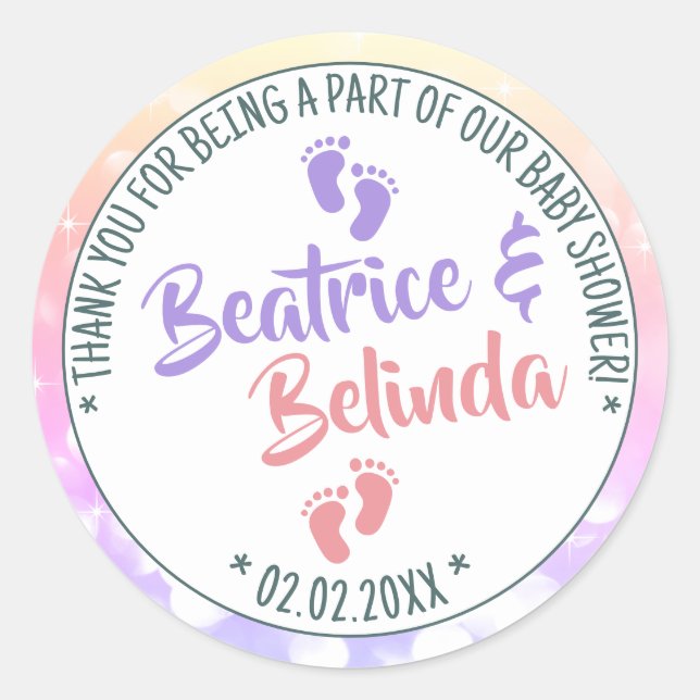 Sticker Rond Petit Pieds Rainbow Ombre Baby shower Girls Twins (Devant)