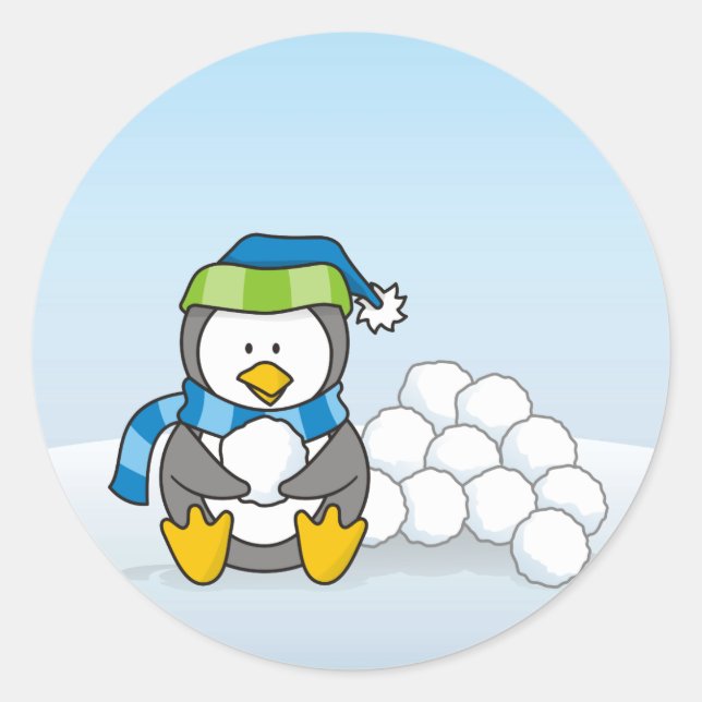 Sticker Rond Petit pingouin assis avec des boules de neige (Devant)