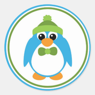 Sticker Rond Petit pingouin en bleu et vert