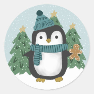 Sticker Rond Petit pingouin mignon et pain d'épice Noël de l'ho