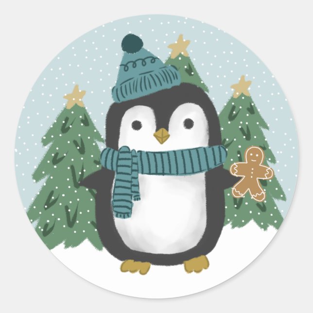 Sticker Rond Petit pingouin mignon et pain d'épice Noël de l'ho (Devant)