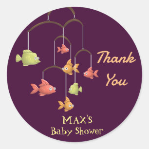 Sticker Rond Petit Poisson Baby Shower Merci Rouge Cramoisi