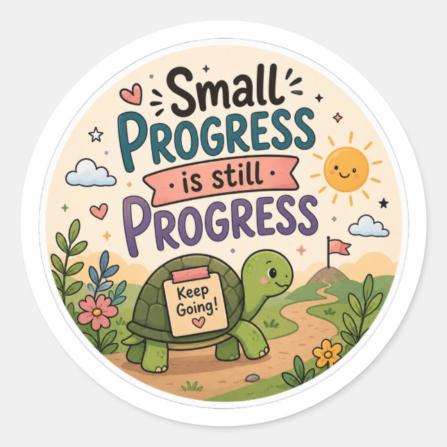 Sticker Rond Petit progrès est toujours progrès Mignonne Tortue (Devant)