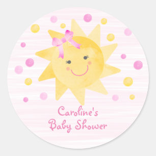 Sticker Rond Petit rayon de soleil Baby shower jaune rose