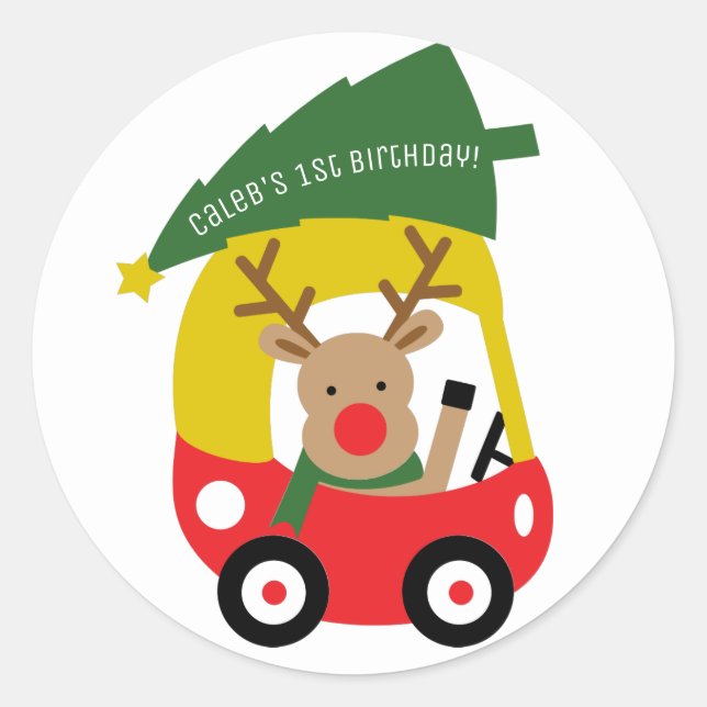 Sticker Rond Petit Reindeer Rouge Voiture de Noël Arbre de Noël (Devant)
