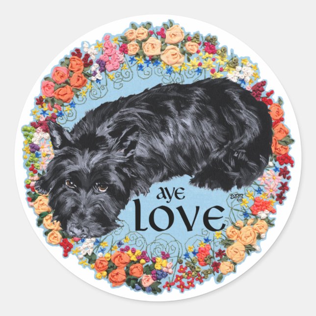 Sticker Rond Petit Scottie sur Tartan (Devant)