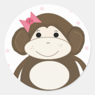 Sticker Rond Petit singe avec un nœud rose dans les cheveux