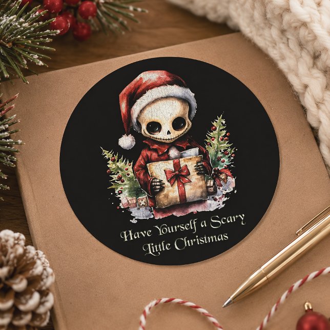 Sticker Rond Petit squelette effrayant de Noël Creepmas (Créateur téléchargé)
