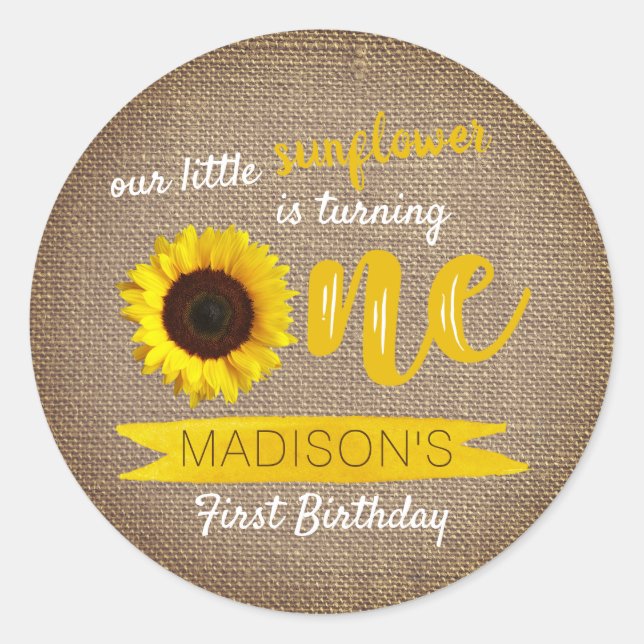 Sticker Rond Petit tournesol Rustique Burlap 1er anniversaire (Devant)