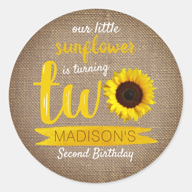 Sticker Rond Petit tournesol Rustique Burlap 2e anniversaire (Devant)