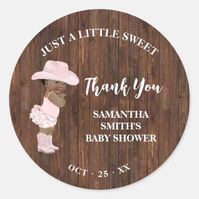 Sticker Rond Petite AA Cowgirl Baby shower occidental Merci (Devant)