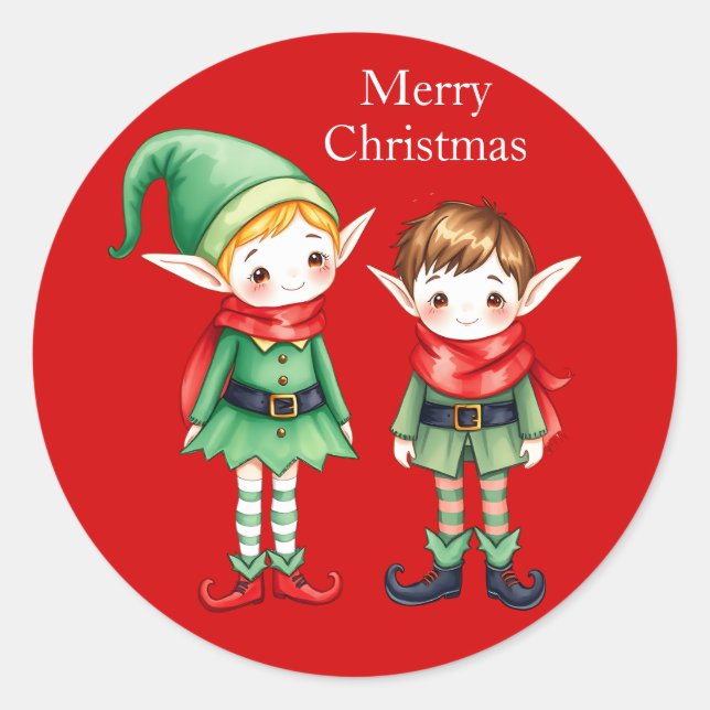 Sticker Rond Petite aquarelle Joyeux elfes de Noël (Devant)