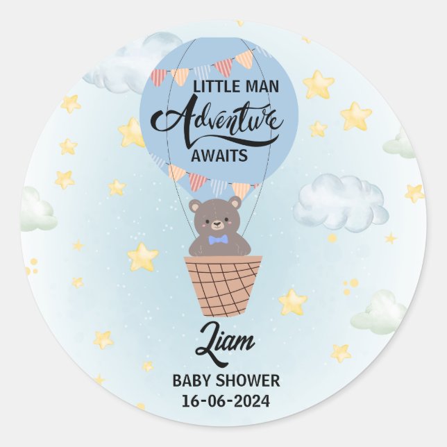 Sticker Rond petite aventure homme attend le baby shower ours (Devant)