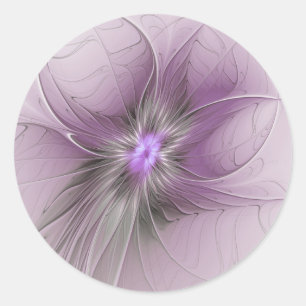 Sticker Rond Petite Beauté Moderne Mauve Grey Fractal Art Flowe