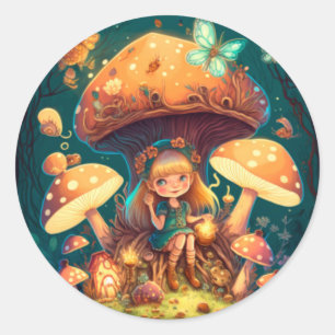 Sticker Rond Petite elve de fille parmi les champignons