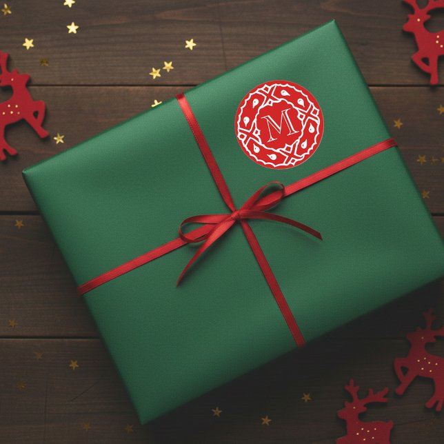 Sticker Rond Petite enveloppe de Noël avec monogramme de couron (Elegant Christmas gift sticker with monogram)