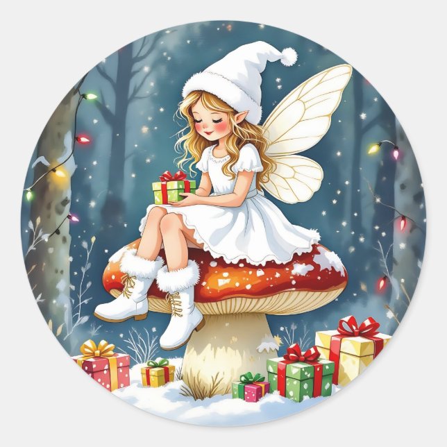 Sticker Rond Petite Fée de Noël Adorable sur Champignon (Devant)