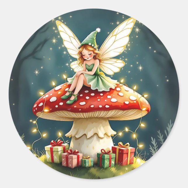 Sticker Rond Petite Fée de Noël sur Champignon Sucré (Devant)