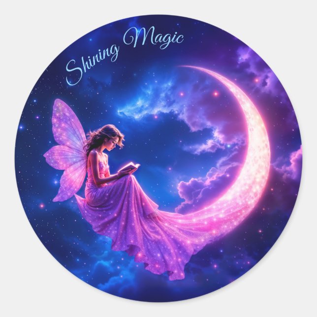 Sticker Rond Petite fée rose imaginaire parties scintillant lun (Devant)