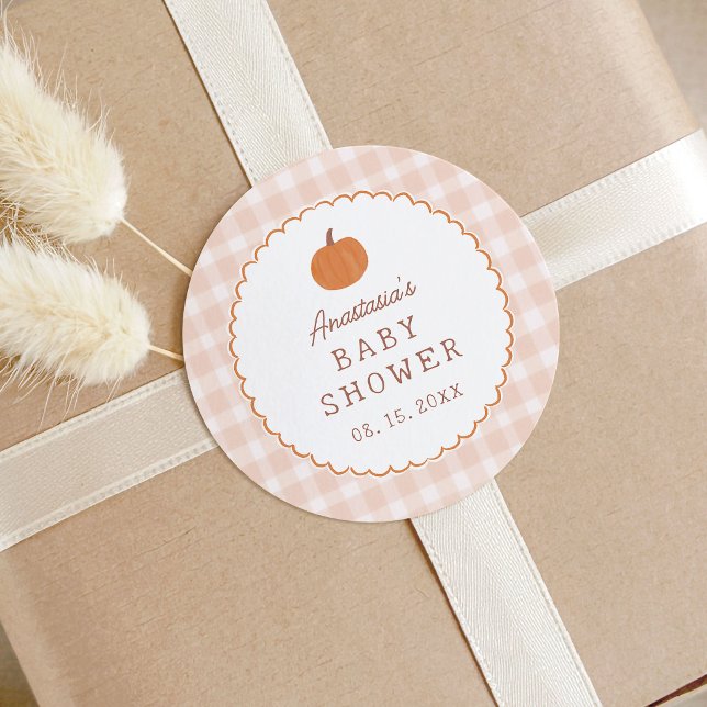 Sticker Rond Petite Fête de Bébé Citrouille Automne Gingham Neu (cute little pumpkin baby shower stickers)