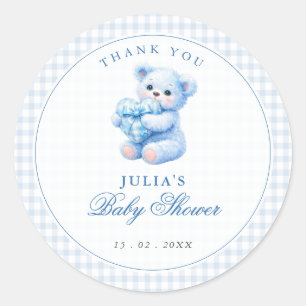 Sticker Rond Petite Fête de Naissance Ourson en Vichy Bleu