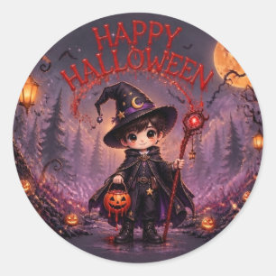 Sticker Rond Petite fête d'Halloween pour enfants sorcier