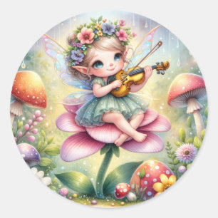 Sticker Rond Petite fille Anime avec Violon sur Champignons