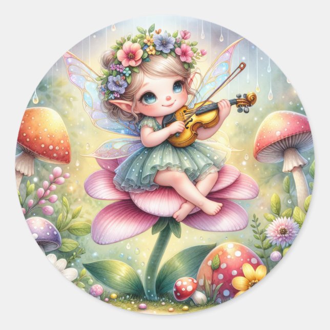 Sticker Rond Petite fille Anime avec Violon sur Champignons (Devant)