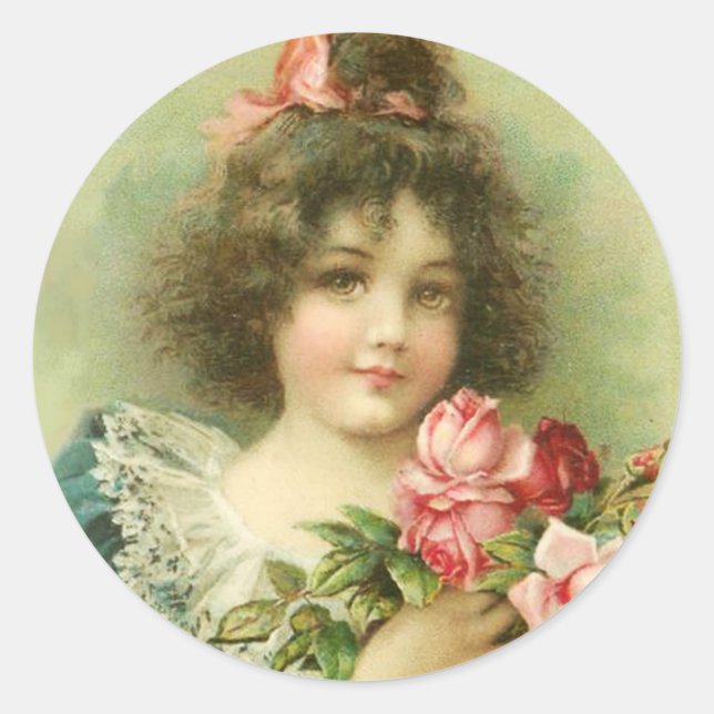 Sticker Rond Petite fille aux roses roses roses Saint Valentin (Devant)