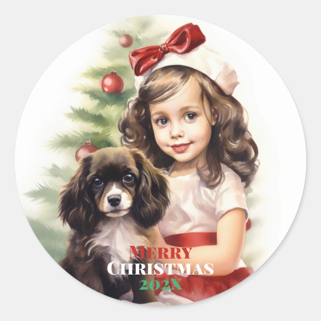 Sticker Rond Petite fille avec chevalet de Noël (Devant)