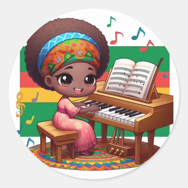 Sticker Rond petite fille avec piano coloré (Devant)