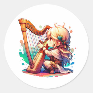 Sticker Rond Petite fille Chibi Jouant de la harpe