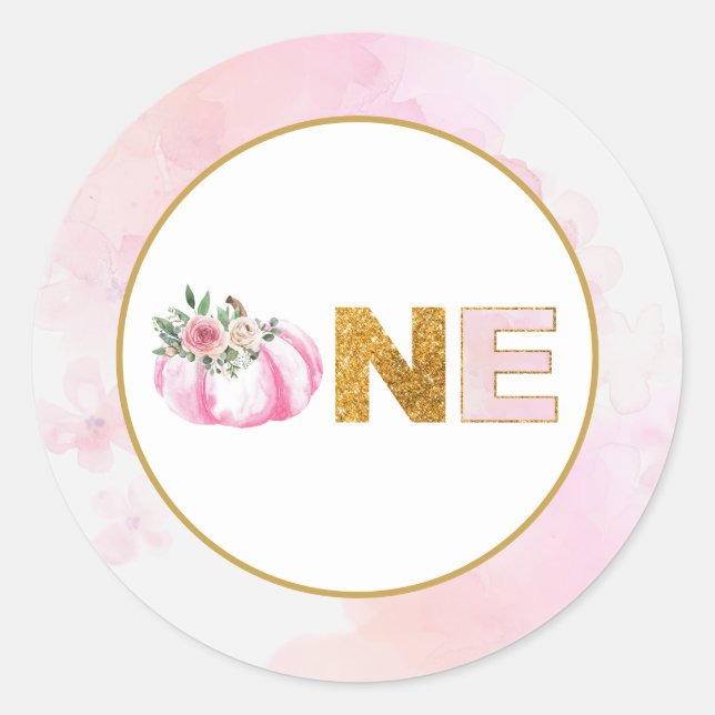 Sticker Rond Petite fille Citrouille rose or florale 1er annive (Devant)