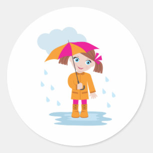 Sticker Rond Petite Fille en Manteau Orange avec Parapluie Rose