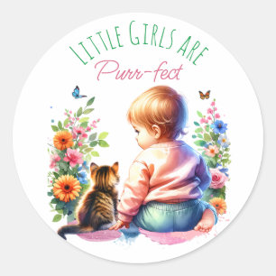 Sticker Rond Petite fille et chaton Baby shower aquarelle
