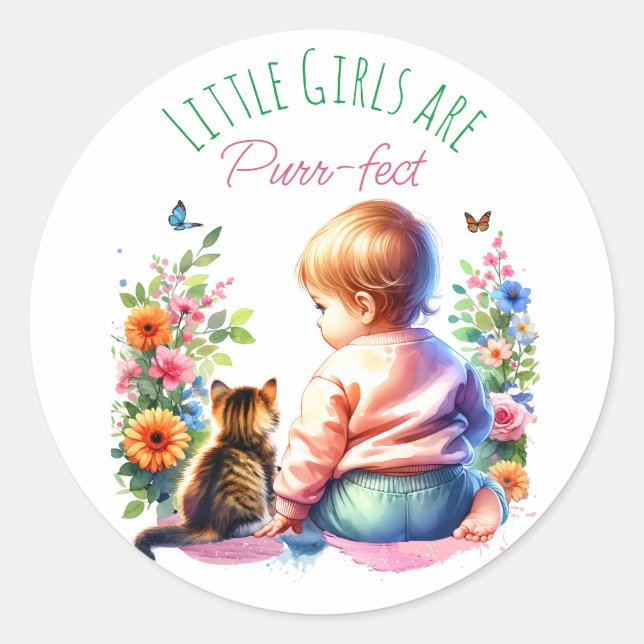 Sticker Rond Petite fille et chaton | Baby shower aquarelle (Devant)